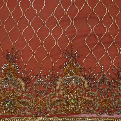 Indian Vintage Sari Rusty Orange & Beige Pure Georgette Silk/Net Hand Beaded Sarees Fabric 6Yd Sewing Ethnic Dress making Quilting Bollywood