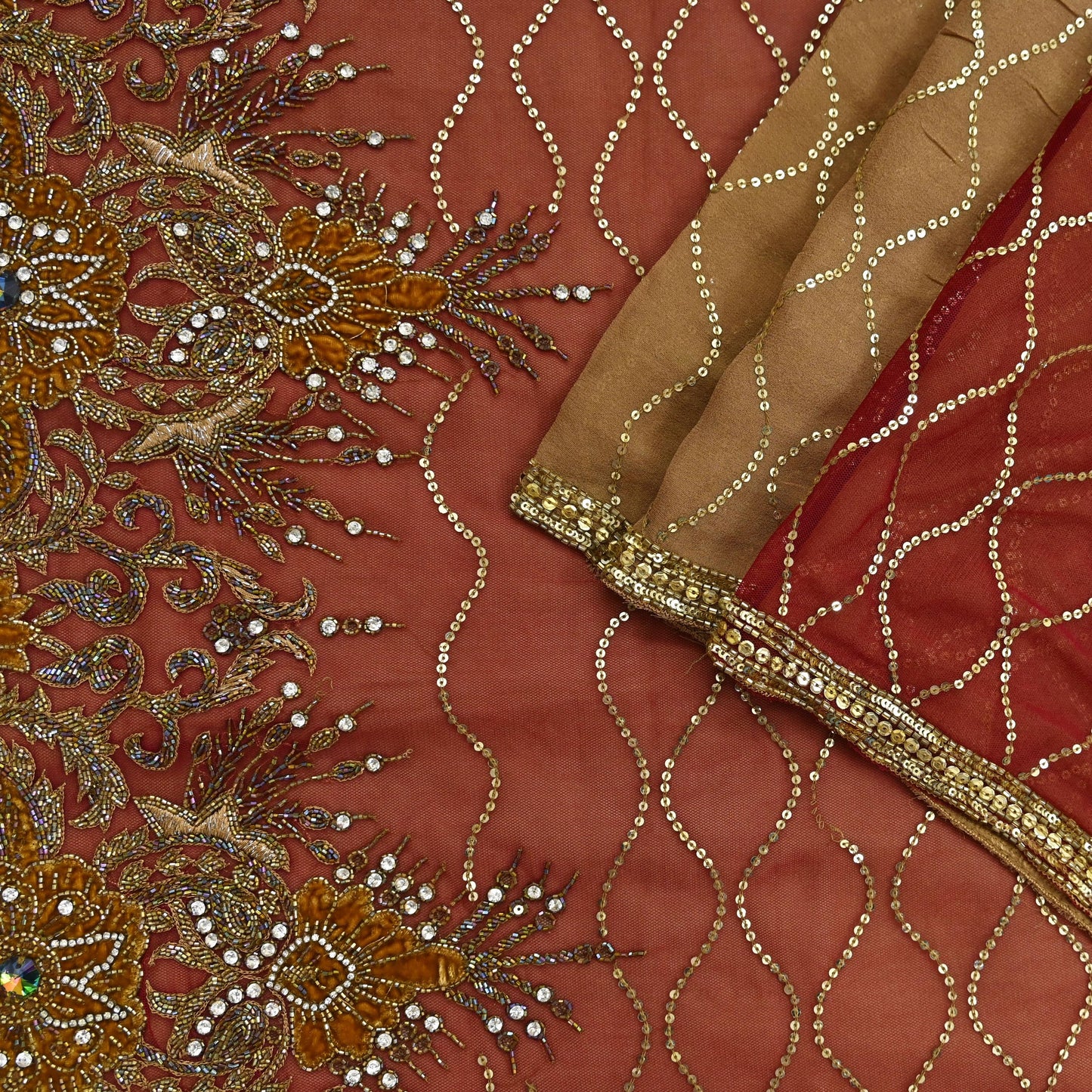 Indian Vintage Sari Rusty Orange & Beige Pure Georgette Silk/Net Hand Beaded Sarees Fabric 6Yd Sewing Ethnic Dress making Quilting Bollywood
