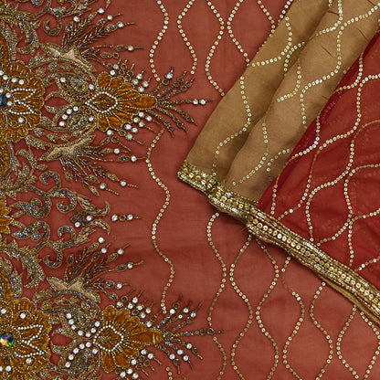 Indian Vintage Sari Rusty Orange & Beige Pure Georgette Silk/Net Hand Beaded Sarees Fabric 6Yd Sewing Ethnic Dress making Quilting Bollywood