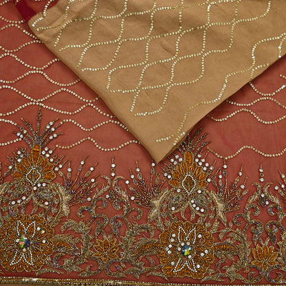 Indian Vintage Sari Rusty Orange & Beige Pure Georgette Silk/Net Hand Beaded Sarees Fabric 6Yd Sewing Ethnic Dress making Quilting Bollywood