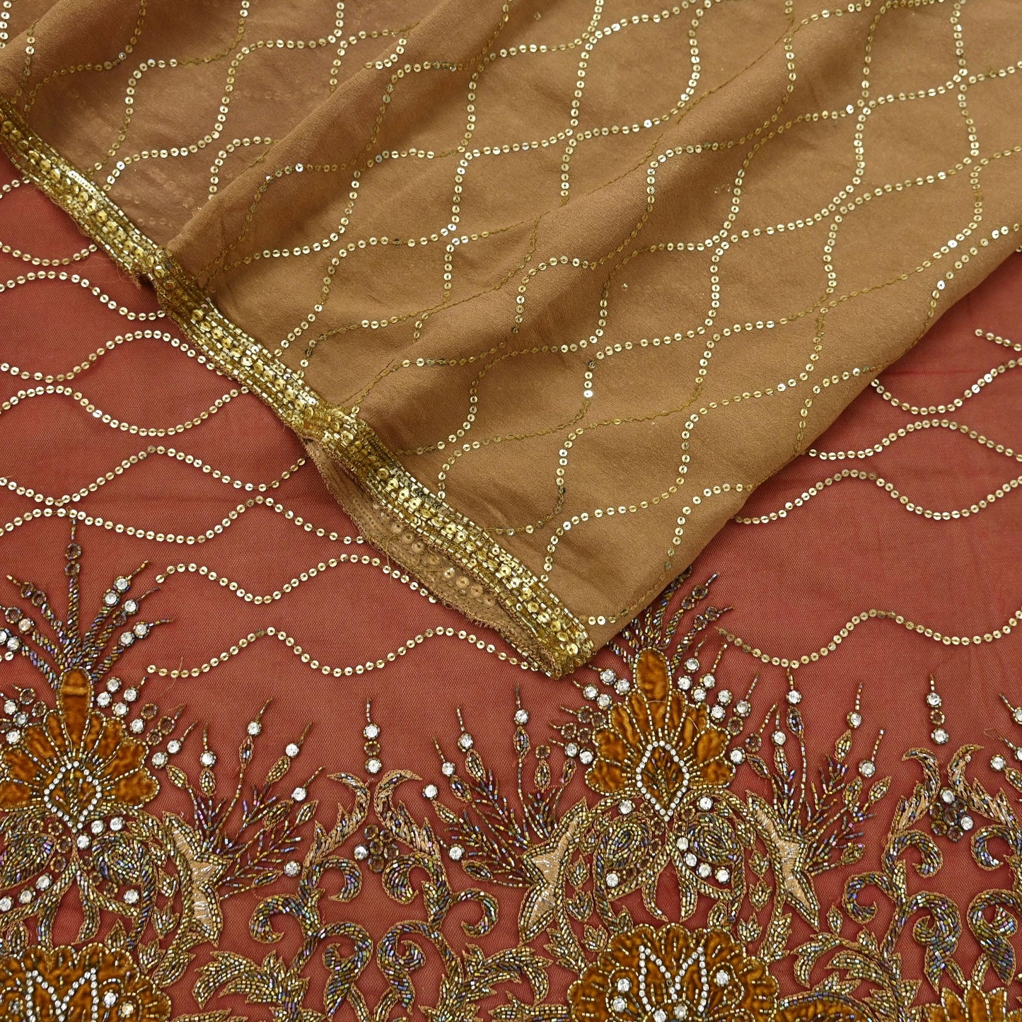 Indian Vintage Sari Rusty Orange & Beige Pure Georgette Silk/Net Hand Beaded Sarees Fabric 6Yd Sewing Ethnic Dress making Quilting Bollywood