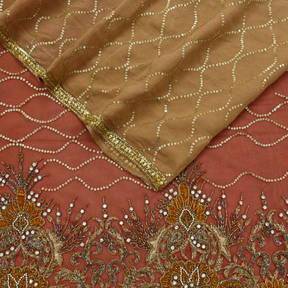 Indian Vintage Sari Rusty Orange & Beige Pure Georgette Silk/Net Hand Beaded Sarees Fabric 6Yd Sewing Ethnic Dress making Quilting Bollywood