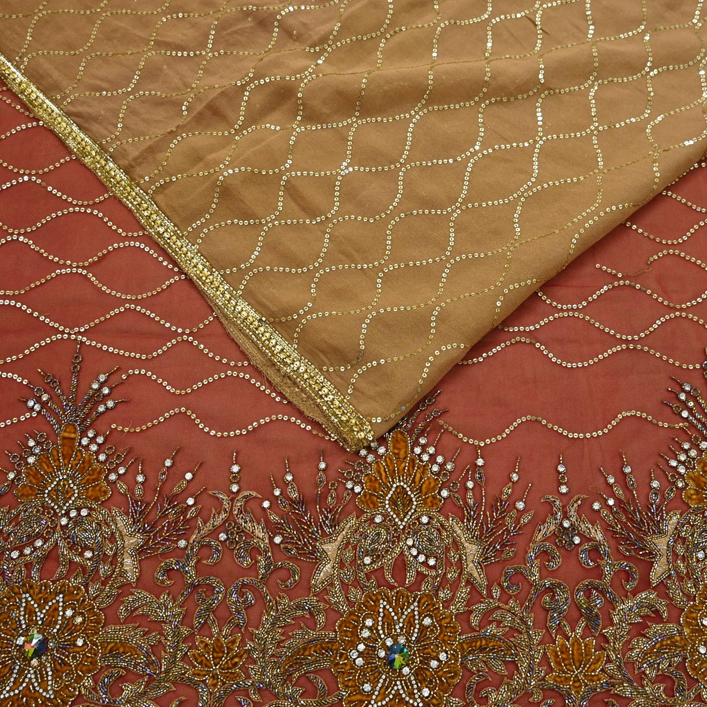 Indian Vintage Sari Rusty Orange & Beige Pure Georgette Silk/Net Hand Beaded Sarees Fabric 6Yd Sewing Ethnic Dress making Quilting Bollywood