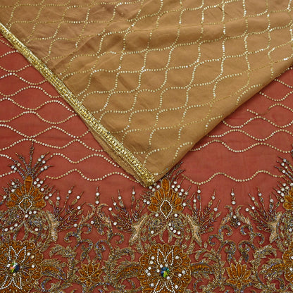 Indian Vintage Sari Rusty Orange & Beige Pure Georgette Silk/Net Hand Beaded Sarees Fabric 6Yd Sewing Ethnic Dress making Quilting Bollywood