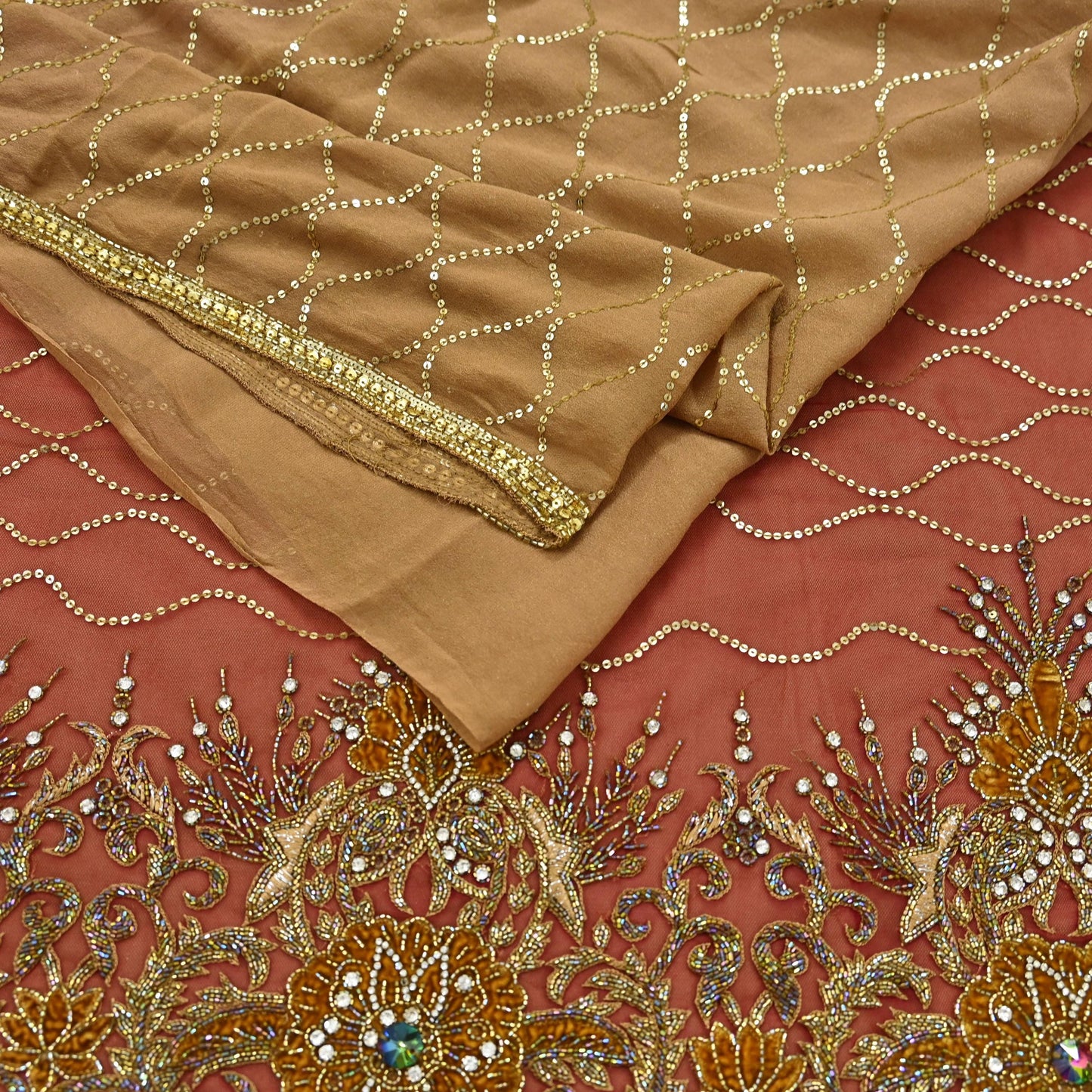 Indian Vintage Sari Rusty Orange & Beige Pure Georgette Silk/Net Hand Beaded Sarees Fabric 6Yd Sewing Ethnic Dress making Quilting Bollywood