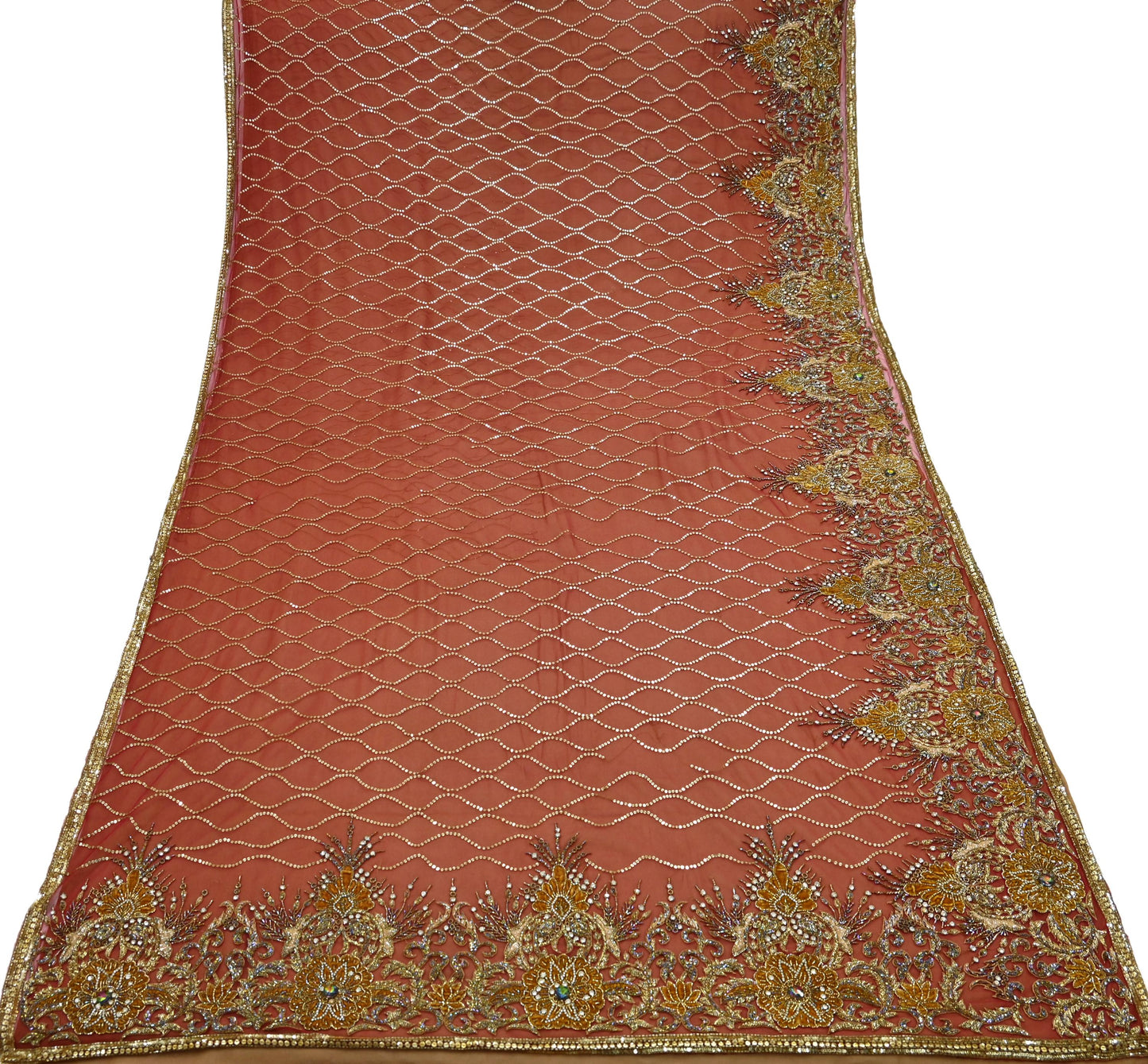 Indian Vintage Sari Rusty Orange & Beige Pure Georgette Silk/Net Hand Beaded Sarees Fabric 6Yd Sewing Ethnic Dress making Quilting Bollywood