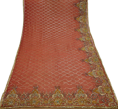 Indian Vintage Sari Rusty Orange & Beige Pure Georgette Silk/Net Hand Beaded Sarees Fabric 6Yd Sewing Ethnic Dress making Quilting Bollywood