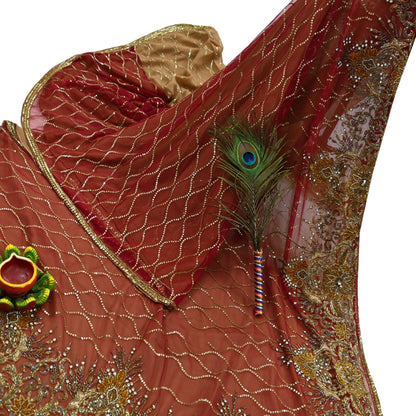 Indian Vintage Sari Rusty Orange & Beige Pure Georgette Silk/Net Hand Beaded Sarees Fabric 6Yd Sewing Ethnic Dress making Quilting Bollywood