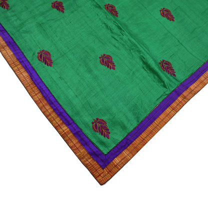 Indian Vintage Green Saree Pure Khadi Silk Handloom Hand Beaded Sari Craft Fabric 6yd Ethnic Fringes Dress making Crafting Quilting Used