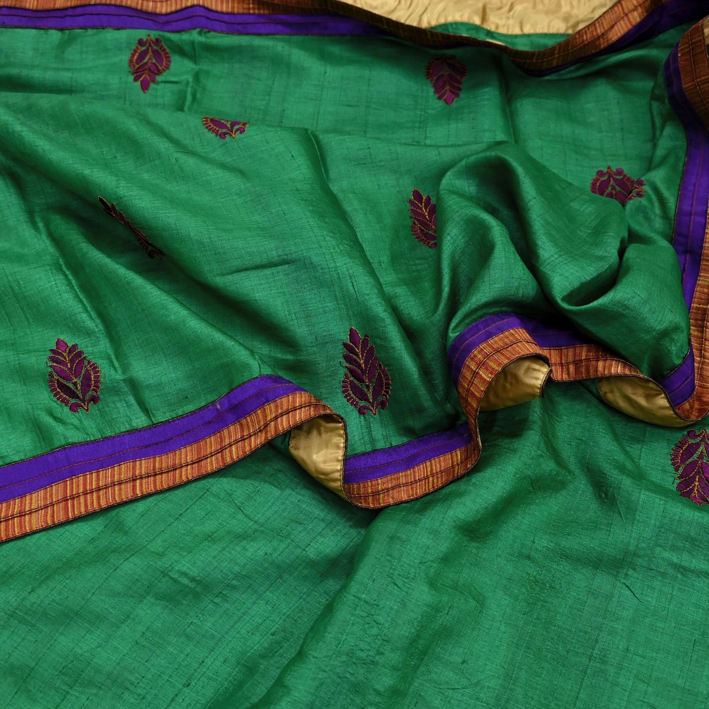 Indian Vintage Green Saree Pure Khadi Silk Handloom Hand Beaded Sari Craft Fabric 6yd Ethnic Fringes Dress making Crafting Quilting Used