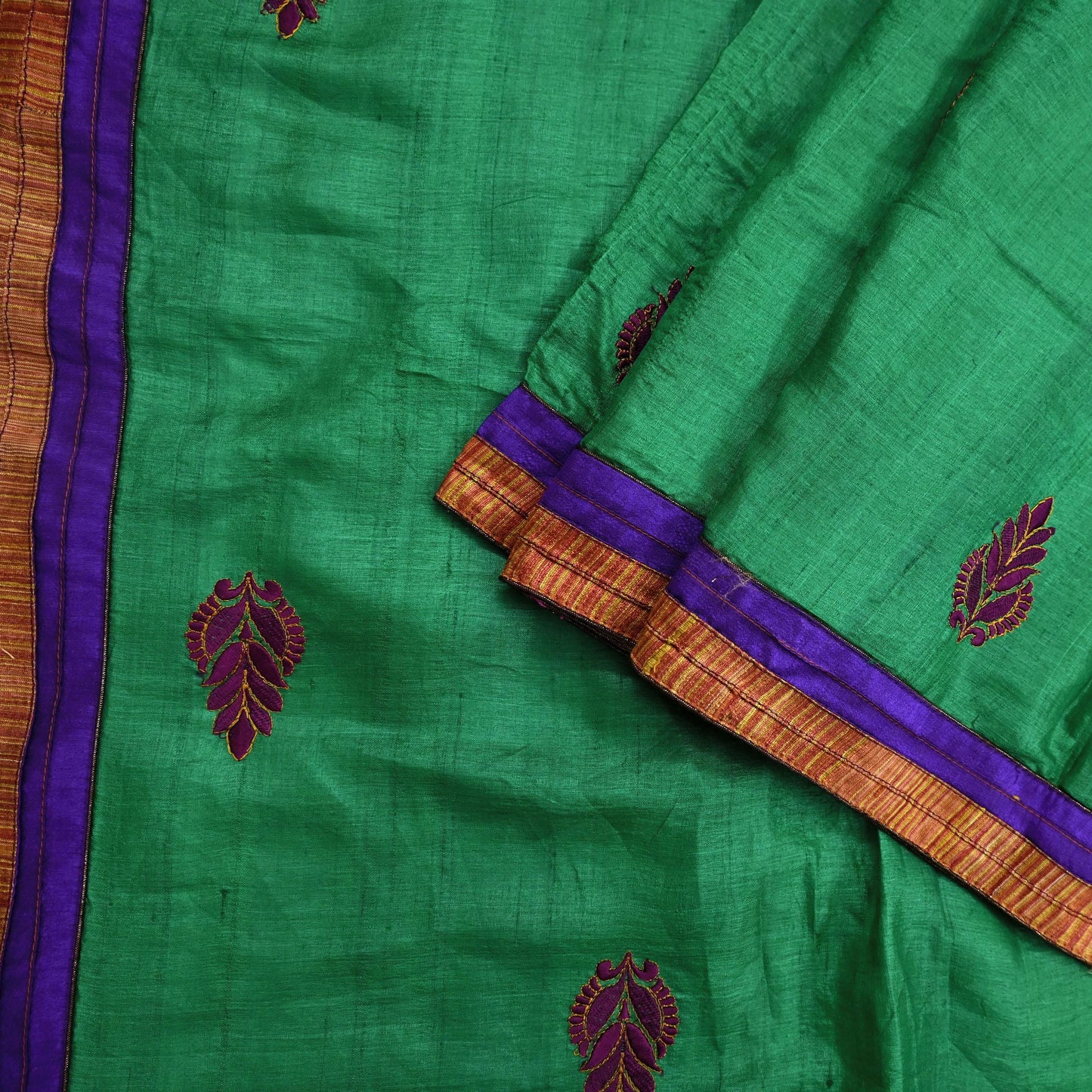 Indian Vintage Green Saree Pure Khadi Silk Handloom Hand Beaded Sari Craft Fabric 6yd Ethnic Fringes Dress making Crafting Quilting Used