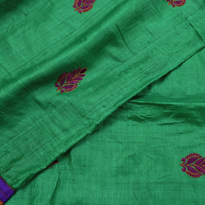 Indian Vintage Green Saree Pure Khadi Silk Handloom Hand Beaded Sari Craft Fabric 6yd Ethnic Fringes Dress making Crafting Quilting Used