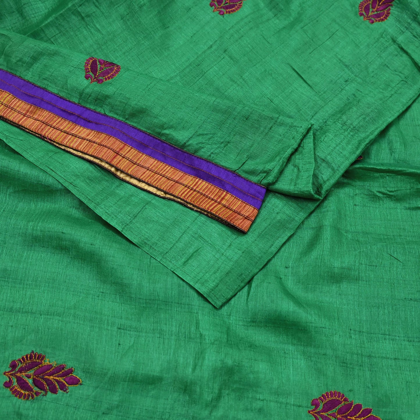 Indian Vintage Green Saree Pure Khadi Silk Handloom Hand Beaded Sari Craft Fabric 6yd Ethnic Fringes Dress making Crafting Quilting Used