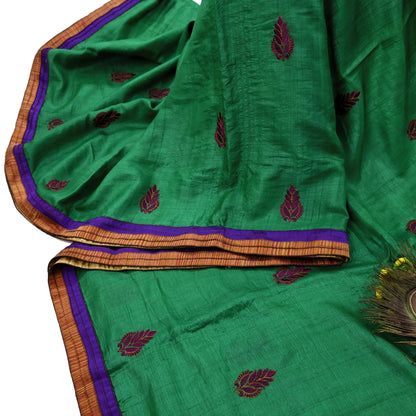 Indian Vintage Green Saree Pure Khadi Silk Handloom Hand Beaded Sari Craft Fabric 6yd Ethnic Fringes Dress making Crafting Quilting Used