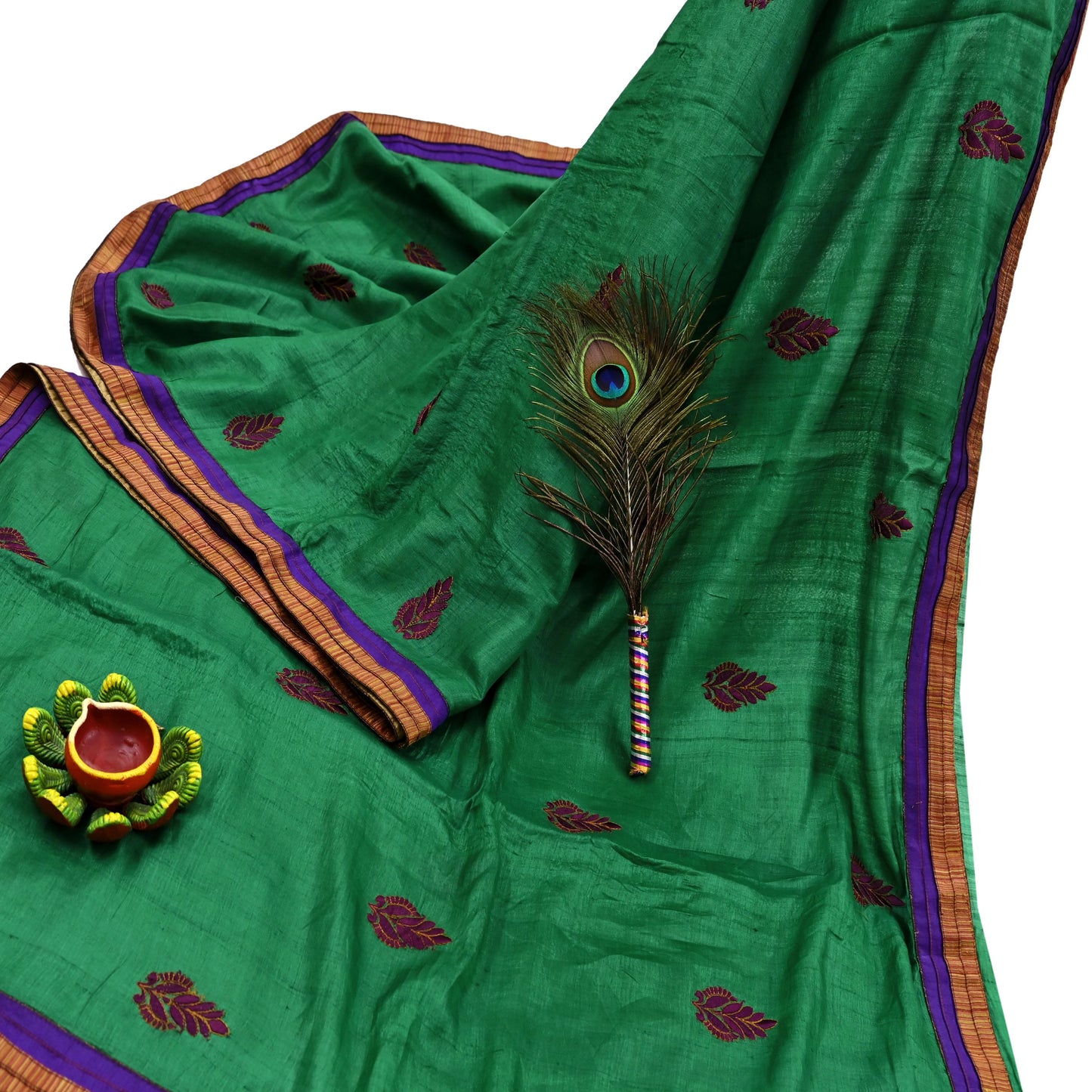 Indian Vintage Green Saree Pure Khadi Silk Handloom Hand Beaded Sari Craft Fabric 6yd Ethnic Fringes Dress making Crafting Quilting Used