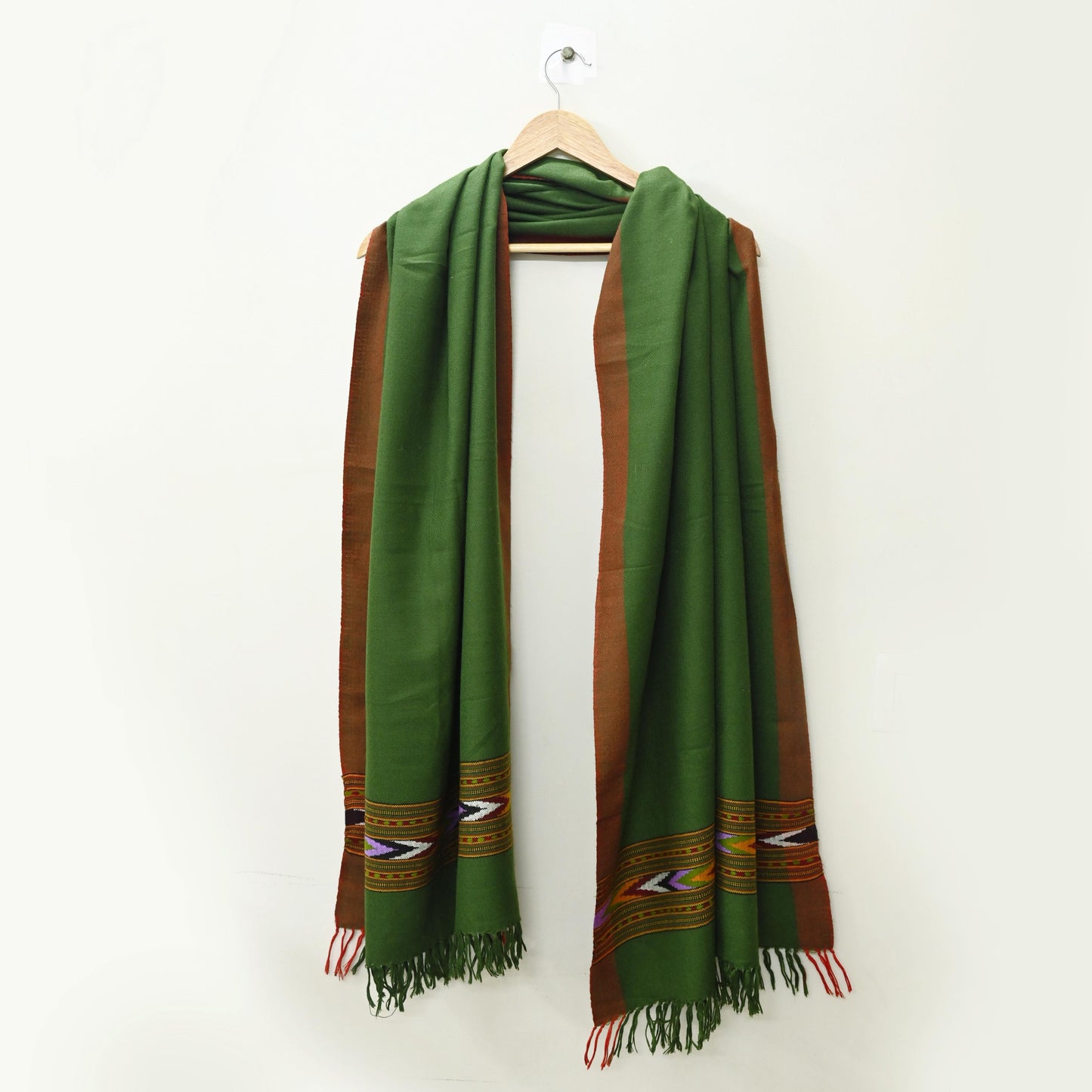 Vintage Green Woolen Handmade Woven Long Throw Stole Warm Geometric Design Fringes