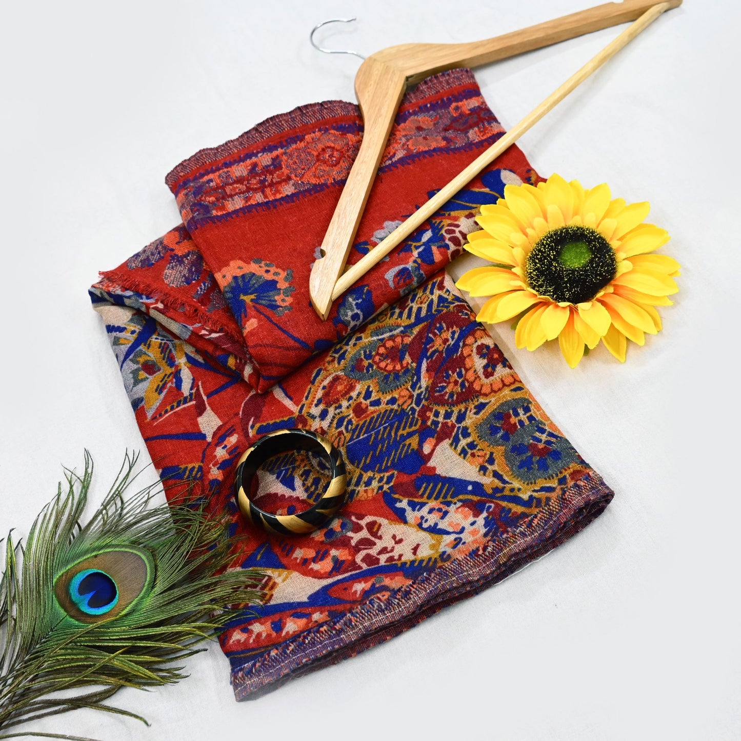 Indian Vintage Multi Pure Woolen Shawl Handmade Woven Work Long Throw Stole Warm Abstract Design Soft