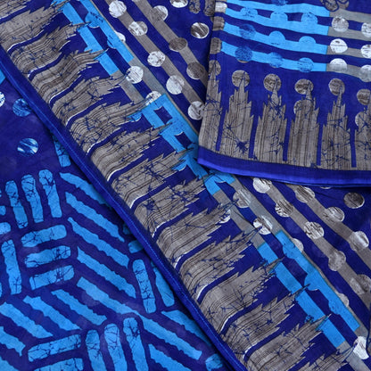 Indian Vintage Sari Blue Printed Pure Cotton Sarees 5Yd Craft Fabric Soft Sewing Sarong Wrap Boho Upcycle quilting Dress making