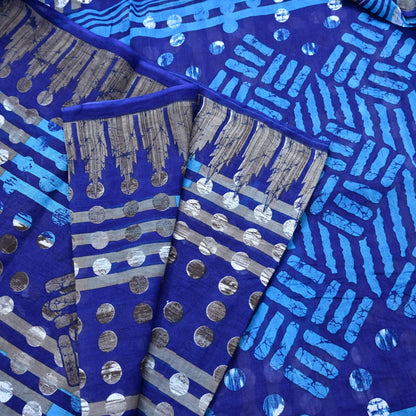 Indian Vintage Sari Blue Printed Pure Cotton Sarees 5Yd Craft Fabric Soft Sewing Sarong Wrap Boho Upcycle quilting Dress making