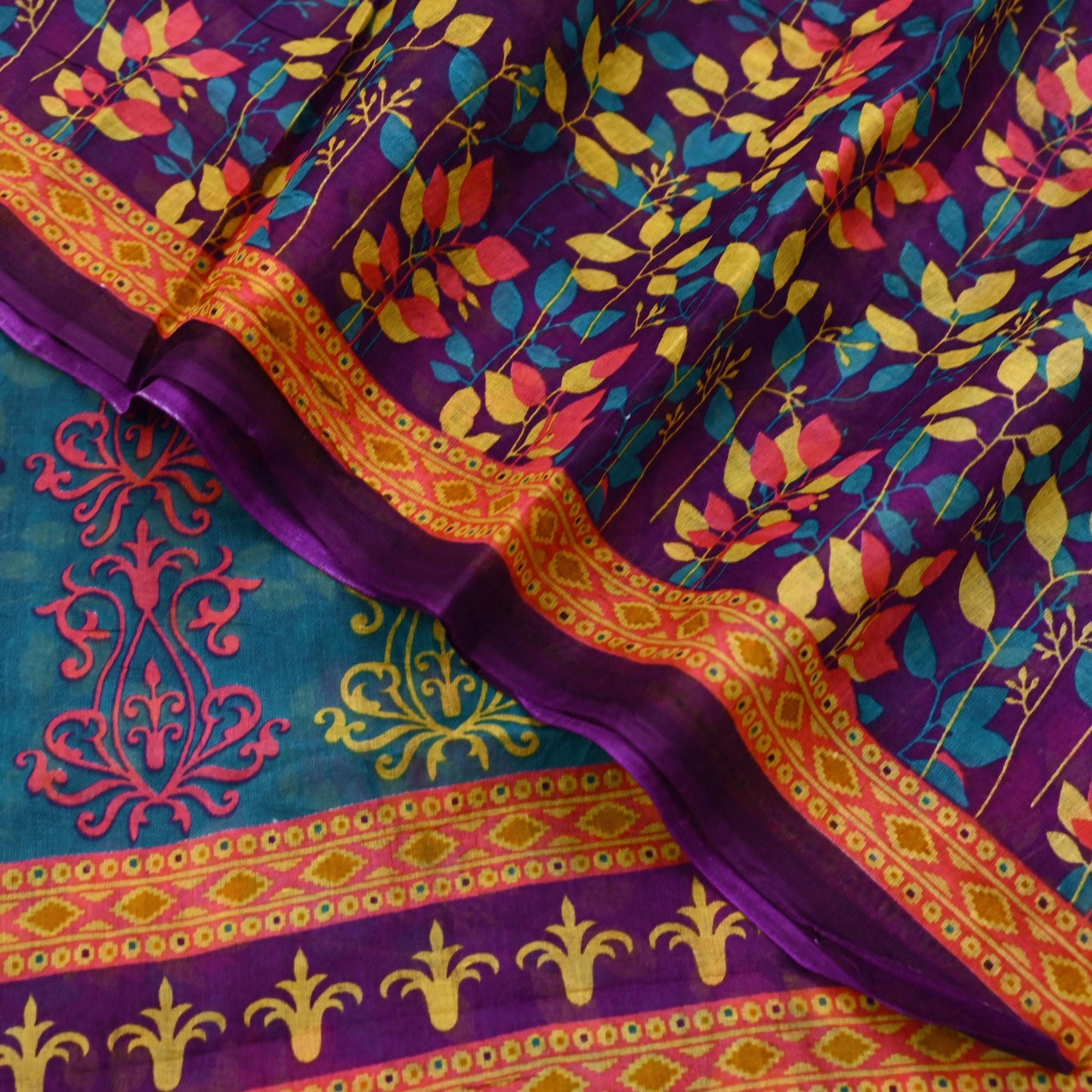 Indian Vintage Sari Purple Pure Cotton Printed Sarees Craft Fabric Soft 5Yd Sarong Wrap Boho Fabric Kimono Quilting Crafting Upcycle