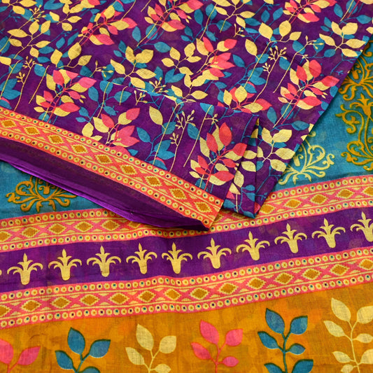 Indian Vintage Sari Purple Pure Cotton Printed Sarees Craft Fabric Soft 5Yd Sarong Wrap Boho Fabric Kimono Quilting Crafting Upcycle