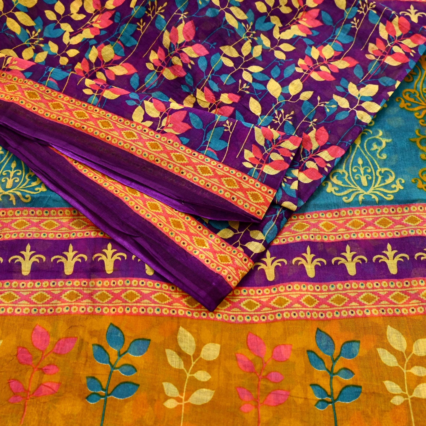 Indian Vintage Sari Purple Pure Cotton Printed Sarees Craft Fabric Soft 5Yd Sarong Wrap Boho Fabric Kimono Quilting Crafting Upcycle