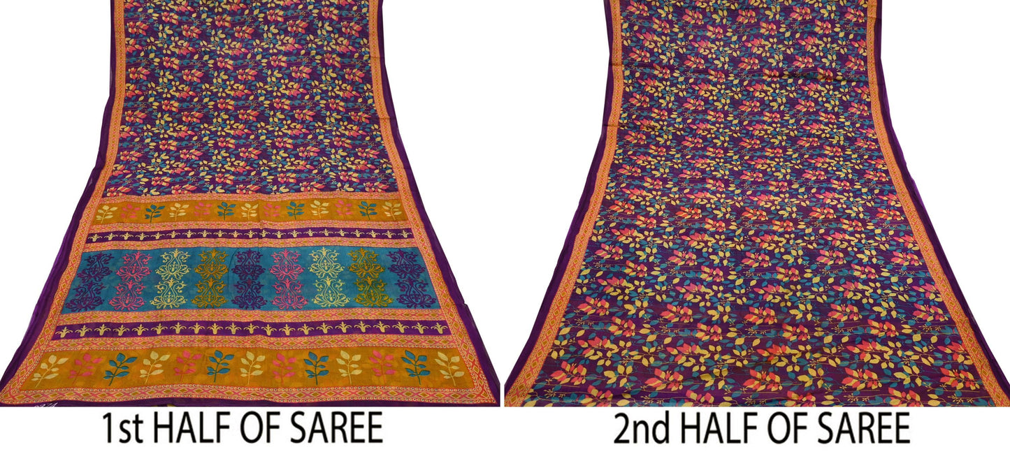 Indian Vintage Sari Purple Pure Cotton Printed Sarees Craft Fabric Soft 5Yd Sarong Wrap Boho Fabric Kimono Quilting Crafting Upcycle