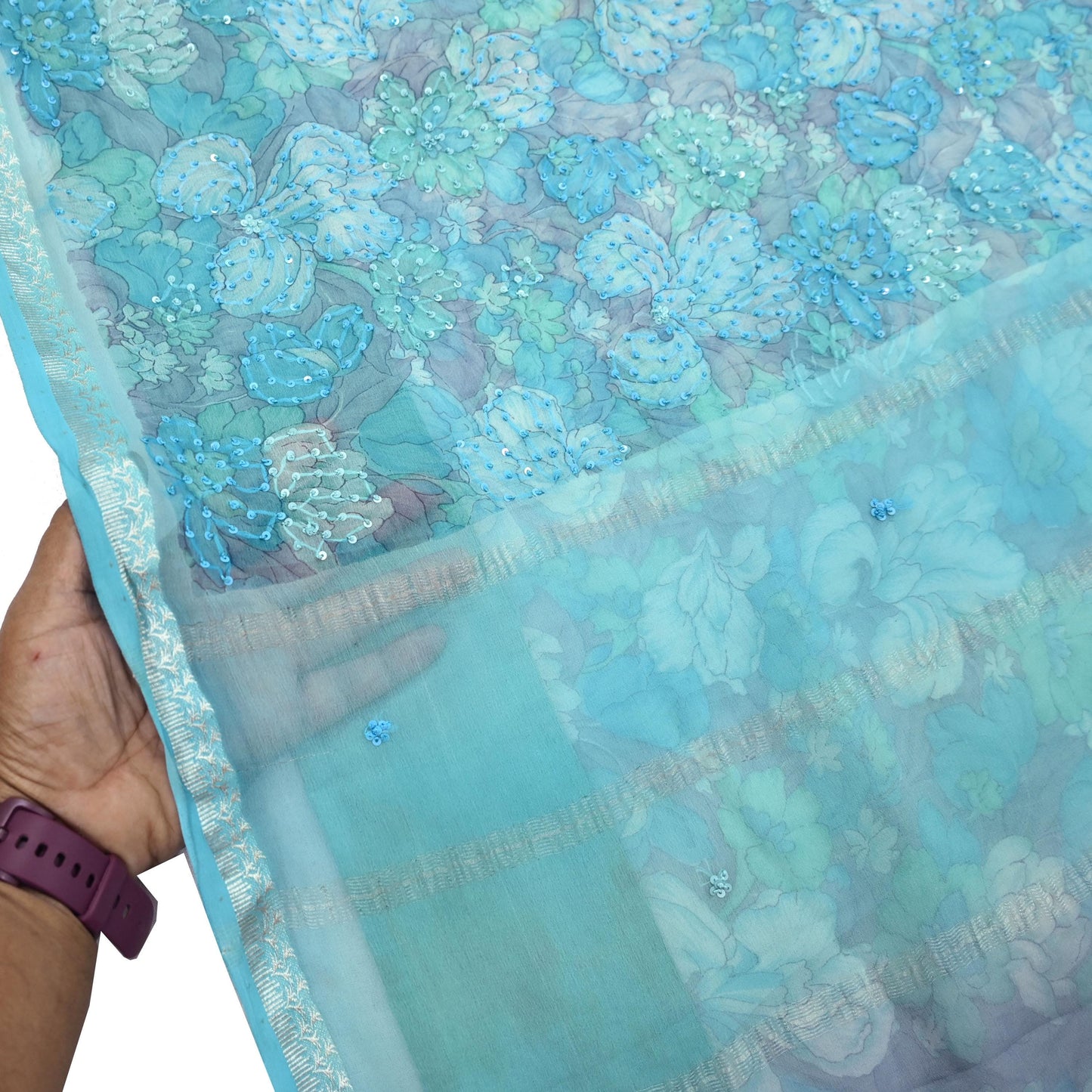 Indian Vintage Sari Hand Embroidered Printed 100% Pure Georgette Silk Saree Craft Fabric 5Yd Ethnic Soft Dress making For Crafting Quilting