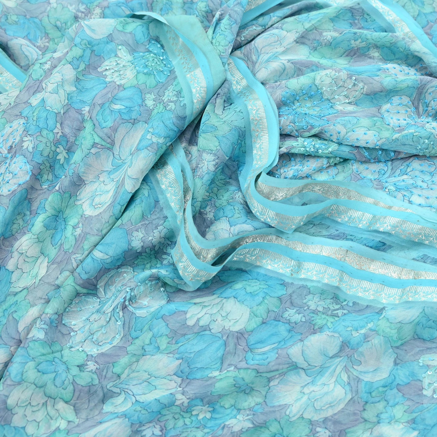 Indian Vintage Sari Hand Embroidered Printed 100% Pure Georgette Silk Saree Craft Fabric 5Yd Ethnic Soft Dress making For Crafting Quilting