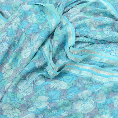 Indian Vintage Sari Hand Embroidered Printed 100% Pure Georgette Silk Saree Craft Fabric 5Yd Ethnic Soft Dress making For Crafting Quilting