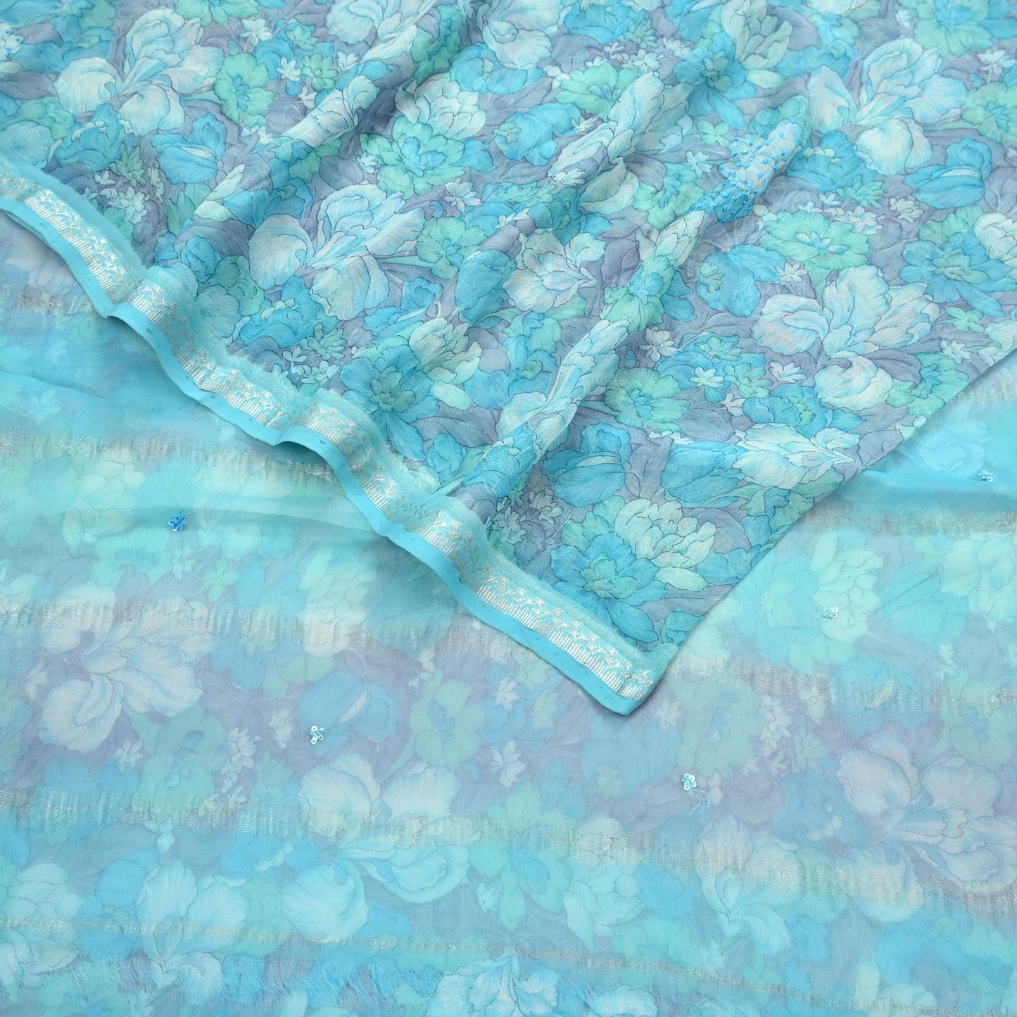 Indian Vintage Sari Hand Embroidered Printed 100% Pure Georgette Silk Saree Craft Fabric 5Yd Ethnic Soft Dress making For Crafting Quilting