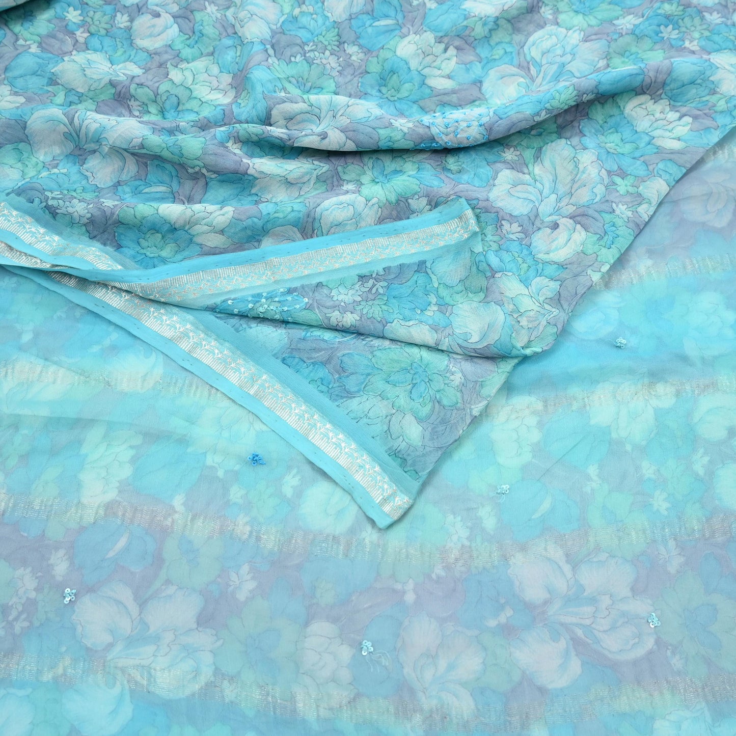 Indian Vintage Sari Hand Embroidered Printed 100% Pure Georgette Silk Saree Craft Fabric 5Yd Ethnic Soft Dress making For Crafting Quilting