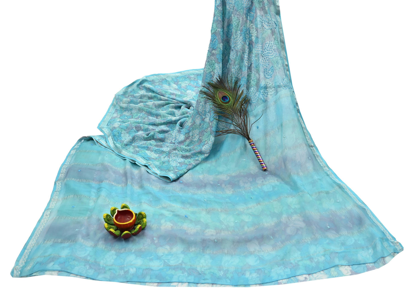 Indian Vintage Sari Hand Embroidered Printed 100% Pure Georgette Silk Saree Craft Fabric 5Yd Ethnic Soft Dress making For Crafting Quilting