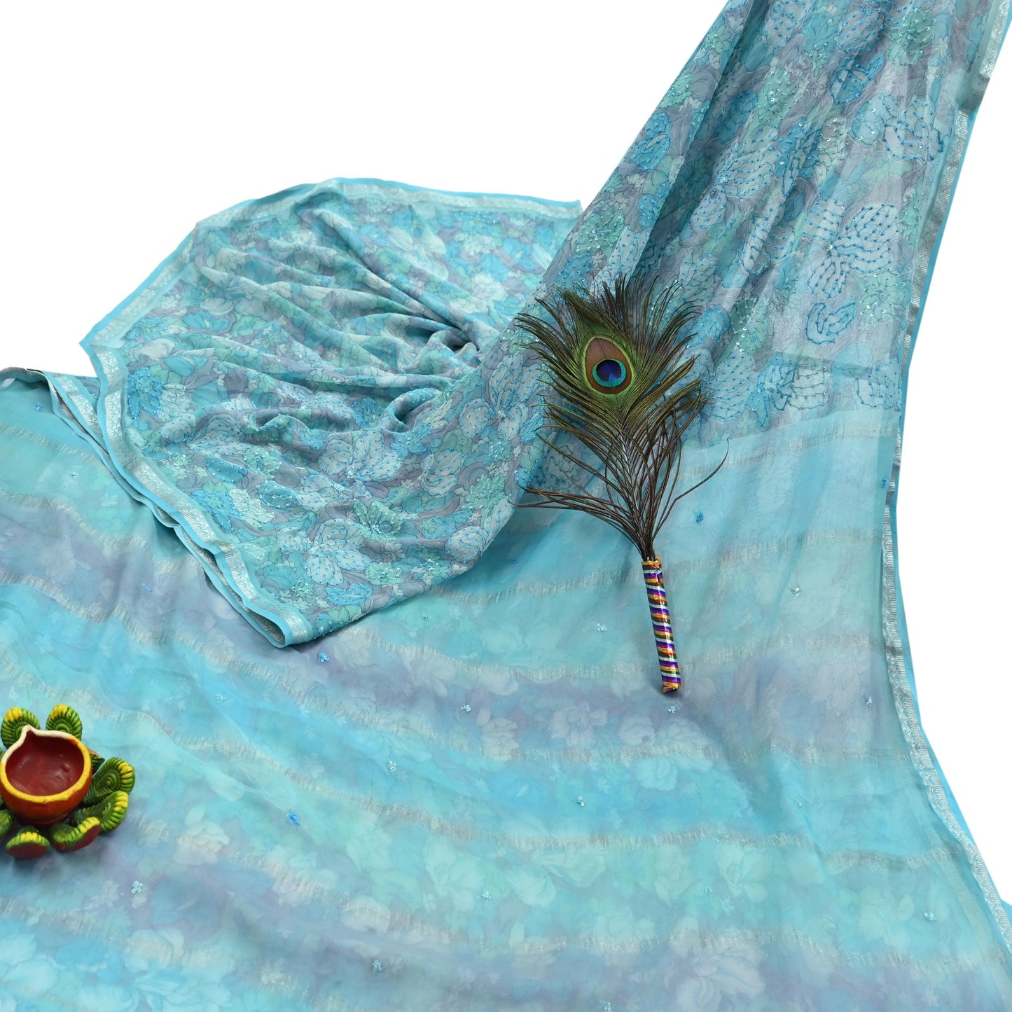 Indian Vintage Sari Hand Embroidered Printed 100% Pure Georgette Silk Saree Craft Fabric 5Yd Ethnic Soft Dress making For Crafting Quilting