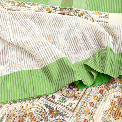 Indian Vintage Sari Ivory Hand Woven Painted Sarees Cotton Craft Fabric 5Yd Floral Soft Dress Making Fringes Crafting Quilting