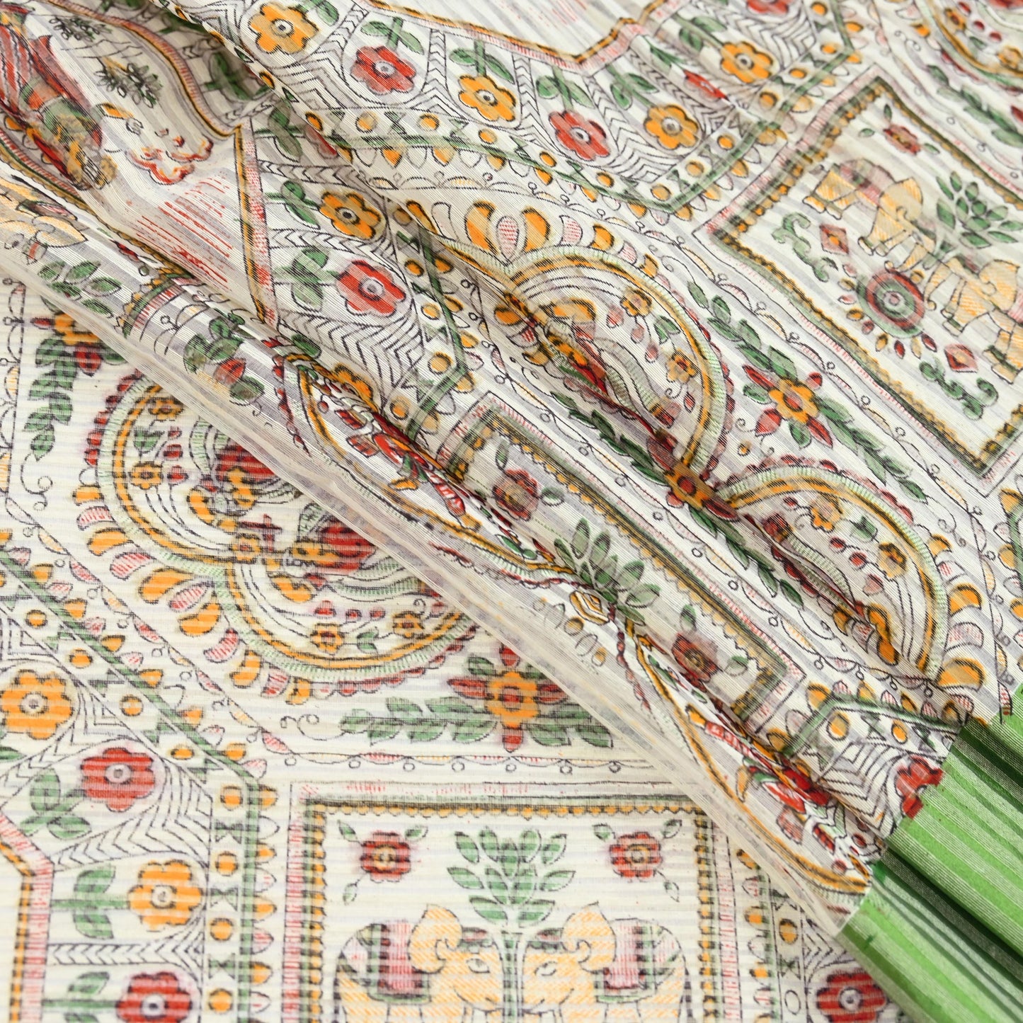 Indian Vintage Sari Ivory Hand Woven Painted Sarees Cotton Craft Fabric 5Yd Floral Soft Dress Making Fringes Crafting Quilting