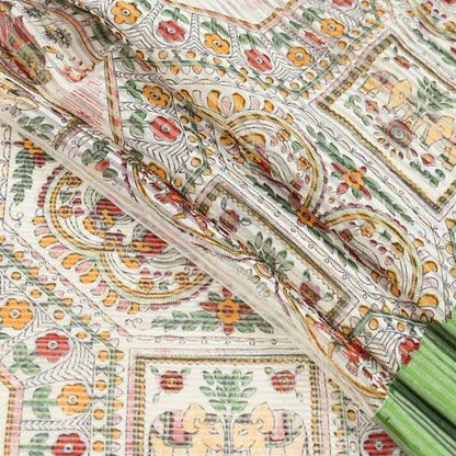 Indian Vintage Sari Ivory Hand Woven Painted Sarees Cotton Craft Fabric 5Yd Floral Soft Dress Making Fringes Crafting Quilting