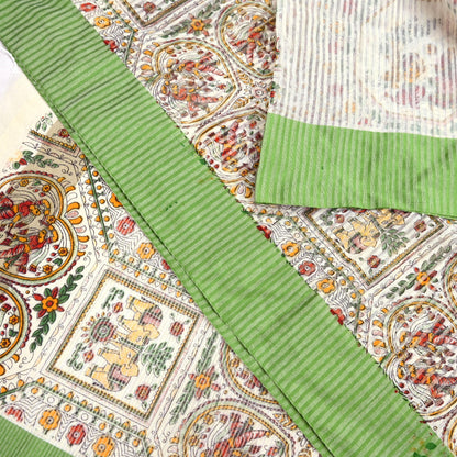 Indian Vintage Sari Ivory Hand Woven Painted Sarees Cotton Craft Fabric 5Yd Floral Soft Dress Making Fringes Crafting Quilting