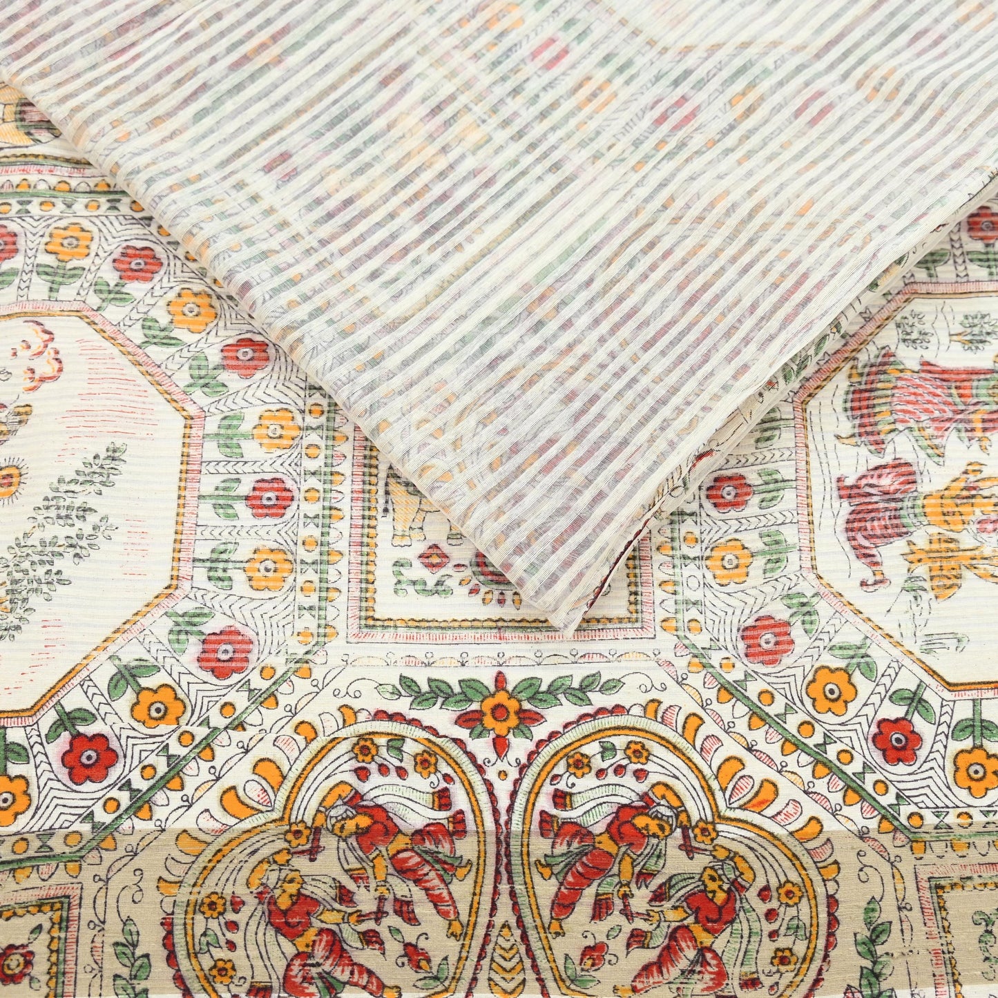 Indian Vintage Sari Ivory Hand Woven Painted Sarees Cotton Craft Fabric 5Yd Floral Soft Dress Making Fringes Crafting Quilting
