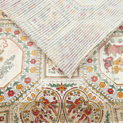 Indian Vintage Sari Ivory Hand Woven Painted Sarees Cotton Craft Fabric 5Yd Floral Soft Dress Making Fringes Crafting Quilting