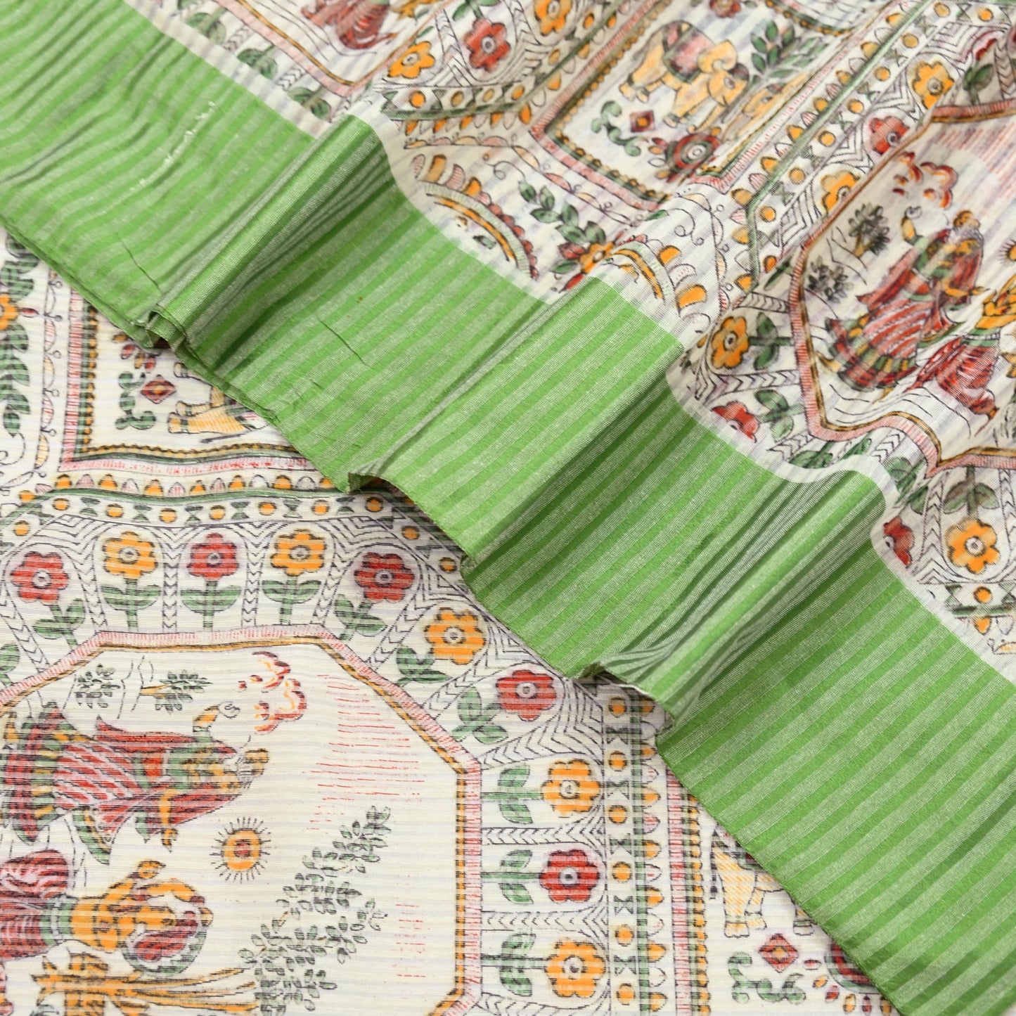 Indian Vintage Sari Ivory Hand Woven Painted Sarees Cotton Craft Fabric 5Yd Floral Soft Dress Making Fringes Crafting Quilting