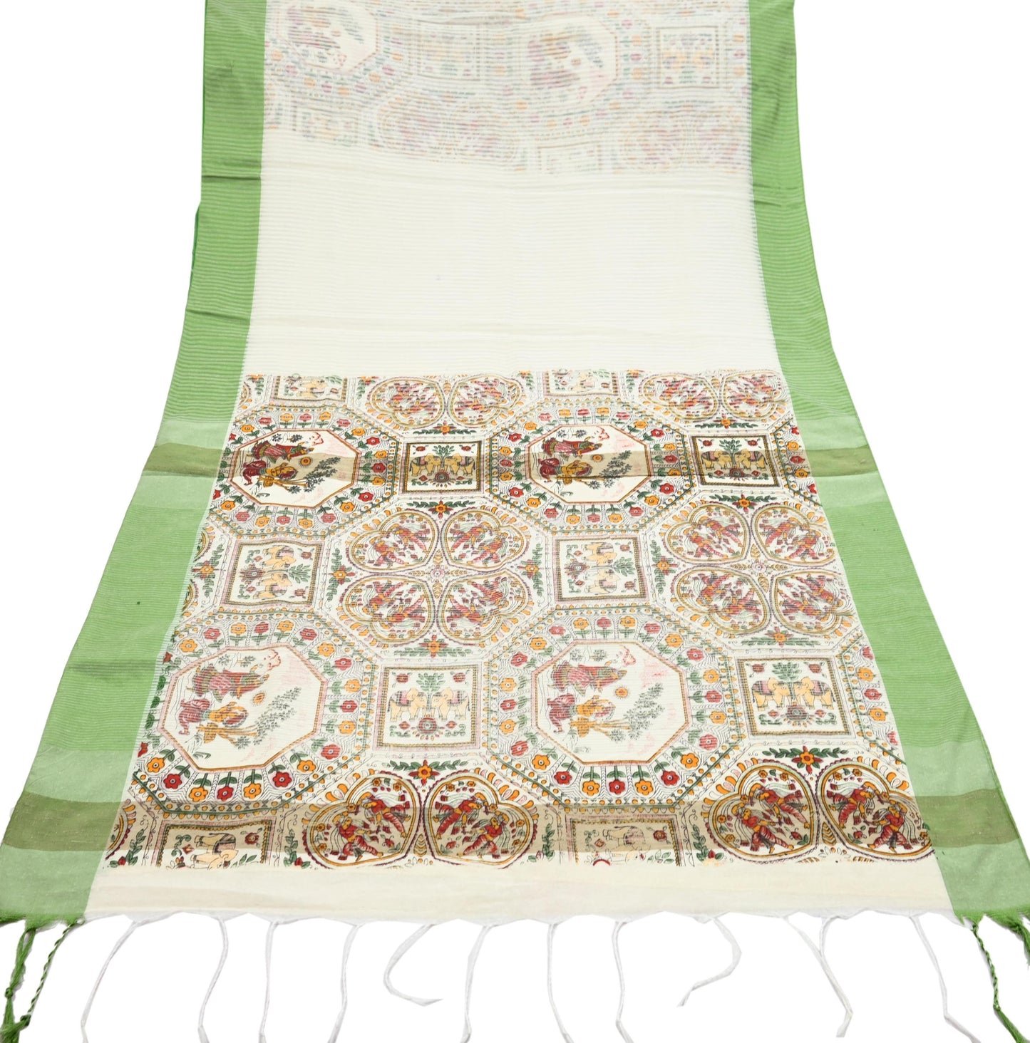 Indian Vintage Sari Ivory Hand Woven Painted Sarees Cotton Craft Fabric 5Yd Floral Soft Dress Making Fringes Crafting Quilting