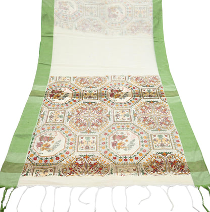 Indian Vintage Sari Ivory Hand Woven Painted Sarees Cotton Craft Fabric 5Yd Floral Soft Dress Making Fringes Crafting Quilting