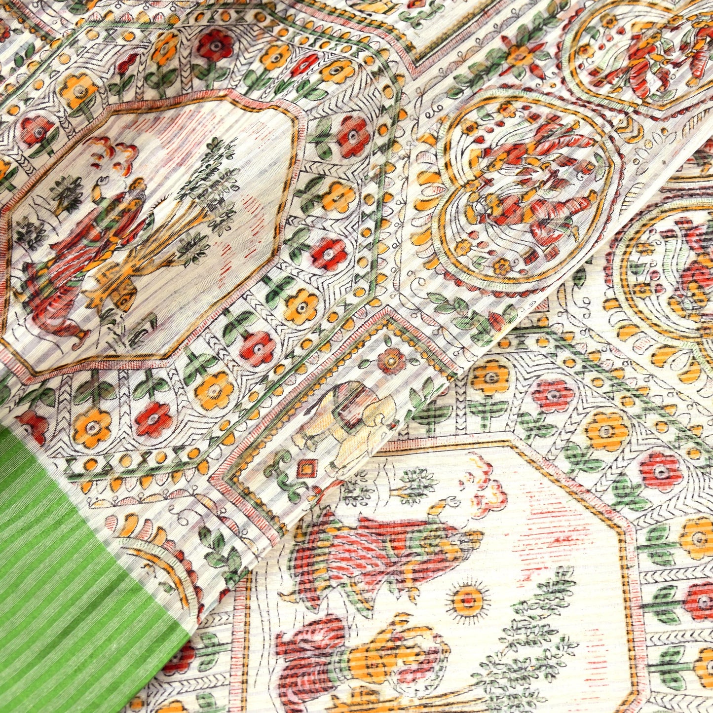 Indian Vintage Sari Ivory Hand Woven Painted Sarees Cotton Craft Fabric 5Yd Floral Soft Dress Making Fringes Crafting Quilting