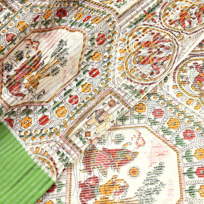 Indian Vintage Sari Ivory Hand Woven Painted Sarees Cotton Craft Fabric 5Yd Floral Soft Dress Making Fringes Crafting Quilting