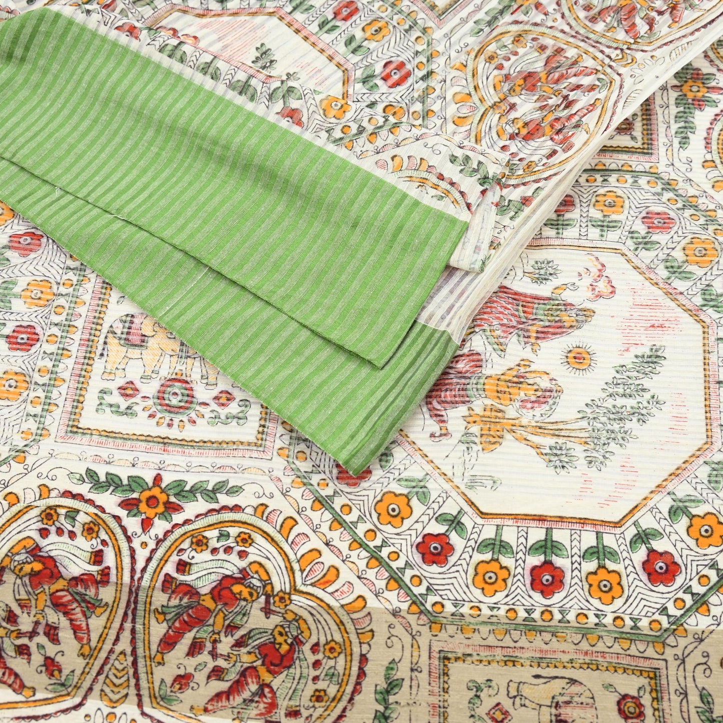 Indian Vintage Sari Ivory Hand Woven Painted Sarees Cotton Craft Fabric 5Yd Floral Soft Dress Making Fringes Crafting Quilting