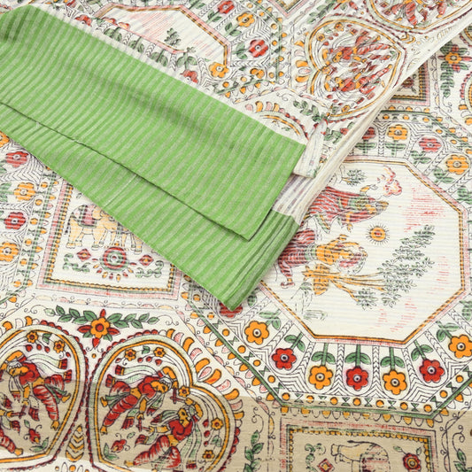 Indian Vintage Sari Ivory Hand Woven Painted Sarees Cotton Craft Fabric 5Yd Floral Soft Dress Making Fringes Crafting Quilting