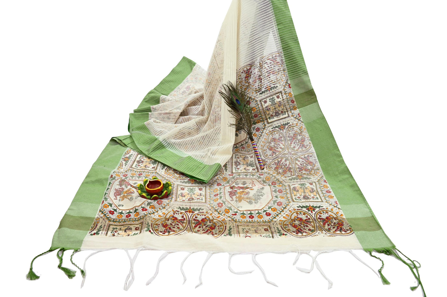 Indian Vintage Sari Ivory Hand Woven Painted Sarees Cotton Craft Fabric 5Yd Floral Soft Dress Making Fringes Crafting Quilting