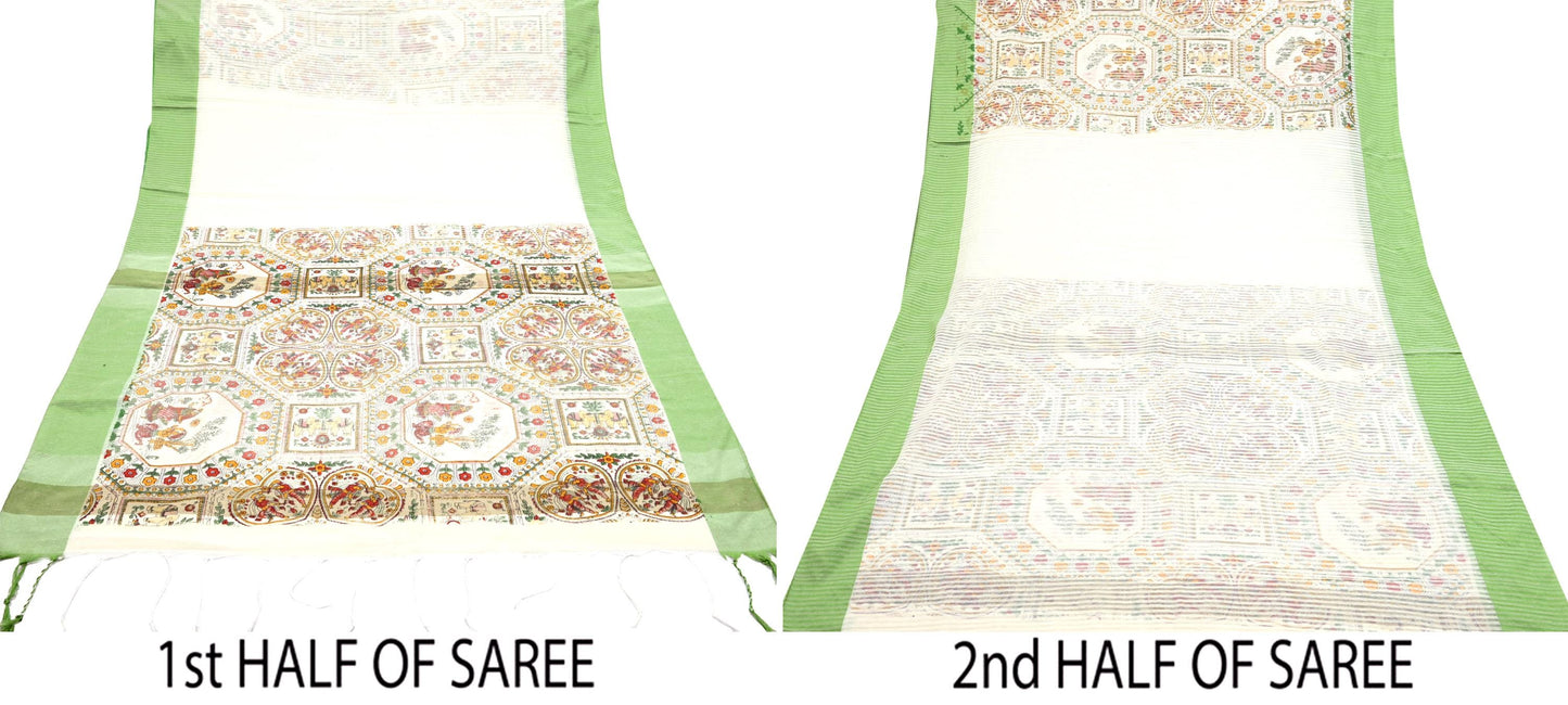 Indian Vintage Sari Ivory Hand Woven Painted Sarees Cotton Craft Fabric 5Yd Floral Soft Dress Making Fringes Crafting Quilting