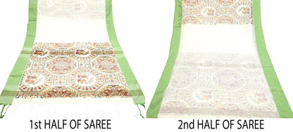 Indian Vintage Sari Ivory Hand Woven Painted Sarees Cotton Craft Fabric 5Yd Floral Soft Dress Making Fringes Crafting Quilting